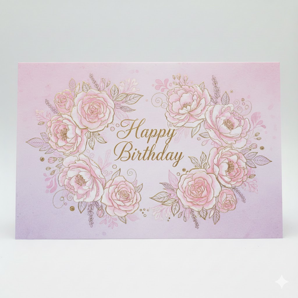 Floral birthday greeting card with pastel pink and lavender design