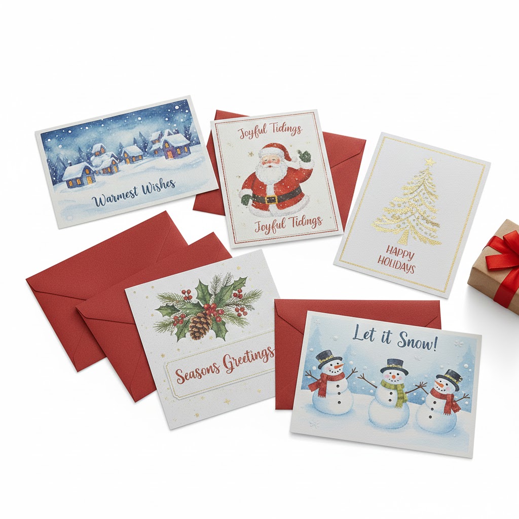 Holiday greeting card set with festive winter theme
